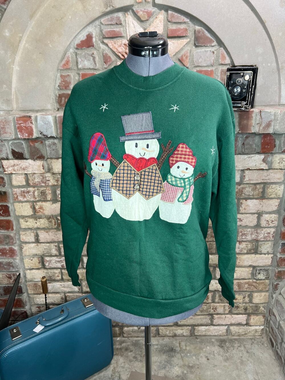 sweatshirt Vintage 1980s appliqué snowmen green red Christmas